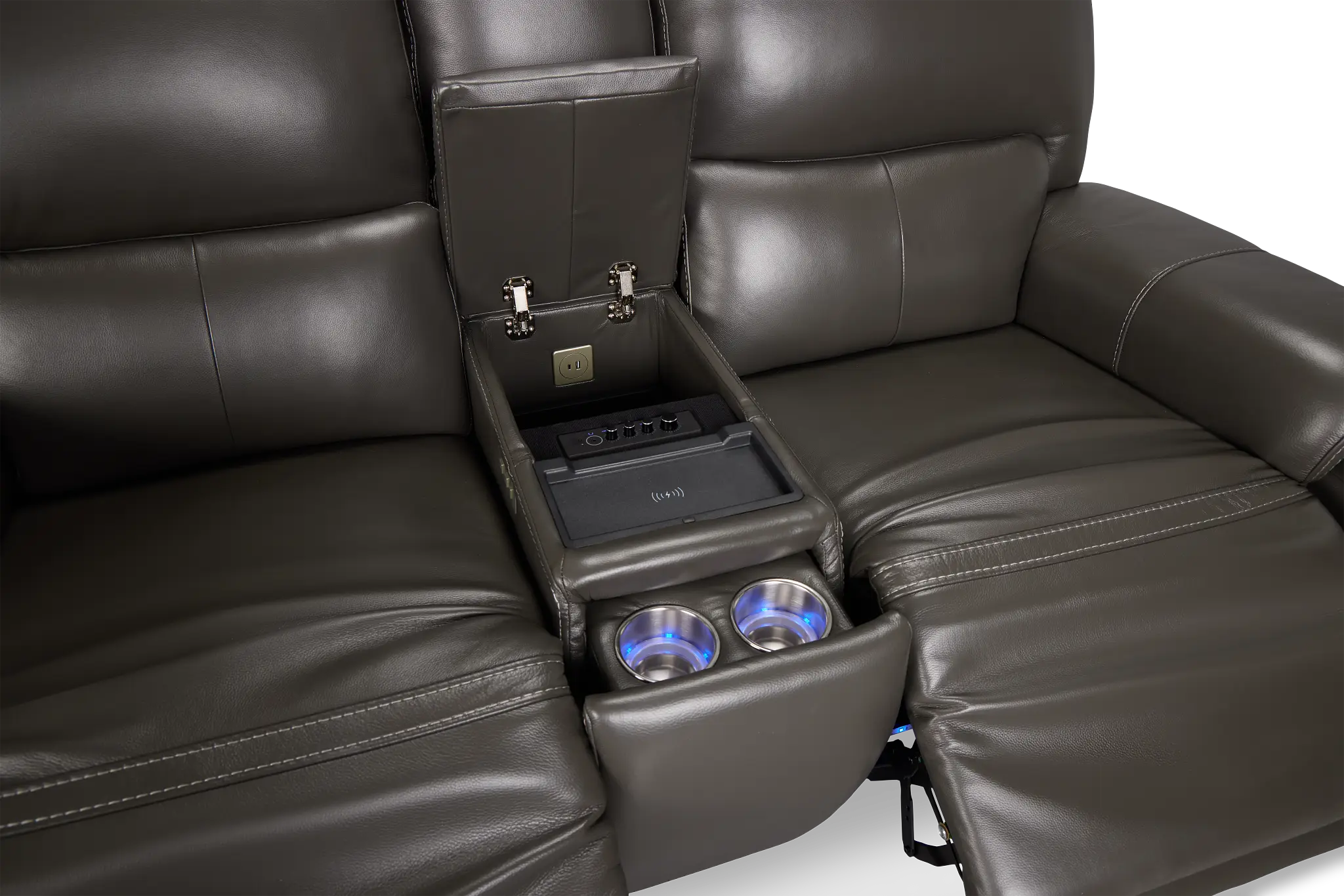 Fallon Dark Gray Lthr/vinyl Power Reclining Console Loveseat W/ Massage Fallon Dark Gray Lthr/vinyl Power Reclining Console Loveseat W/ Massage