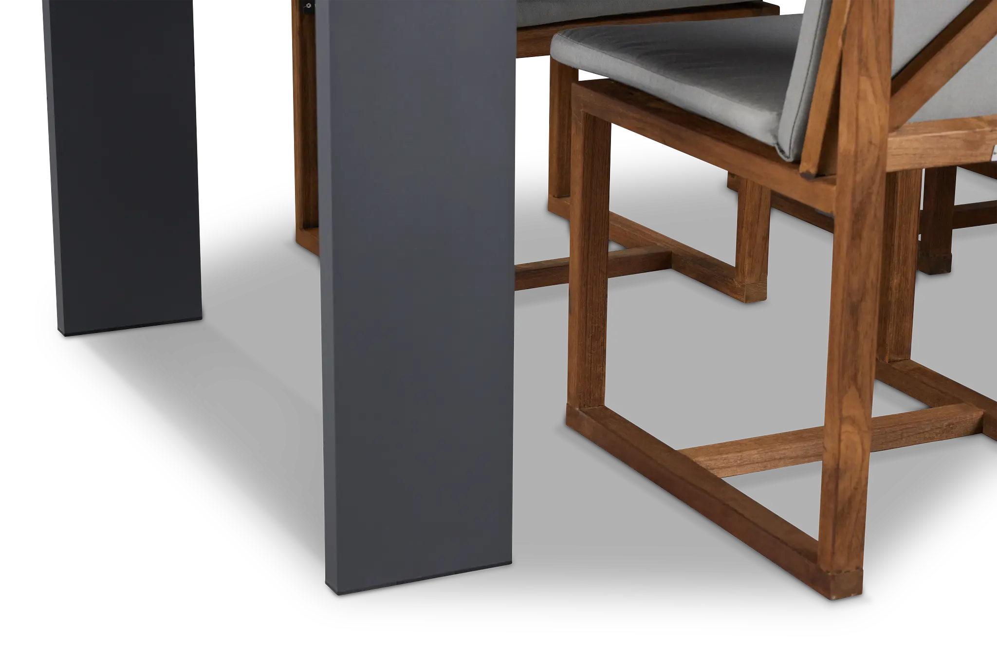 Linear Dark Gray 87" Aluminum Table & 4 Teak Cushioned Side Chairs Linear Dark Gray 87" Aluminum Table & 4 Teak Cushioned Side Chairs
