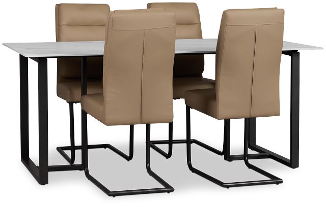 Paxton White Rect Table & 4 Taupe Upholstered Chairs