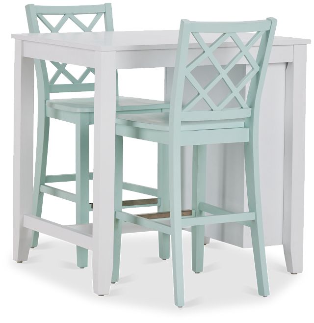 Edgartown White Storage High Table & 2 Light Blue Wood Barstools
