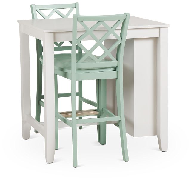 Edgartown White Storage High Table & 2 Light Blue Wood Barstools