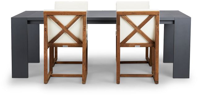 Linear Dark Gray White 87" Aluminum Table & 4 Teak Cushioned Side Chairs