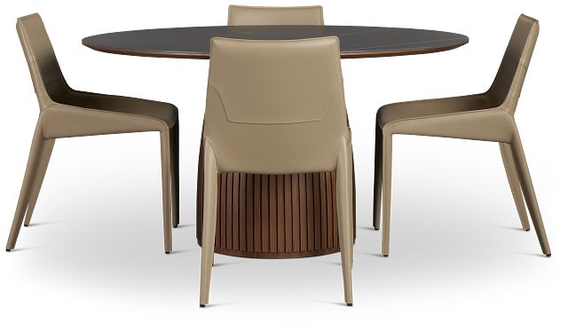 Wayne Two-tone Round Table With 4 Beige Upholstered Side Chairs