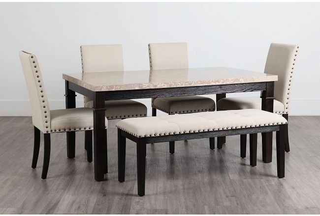 Portia Dark Tone Marble Table, 4 Chairs & Bench