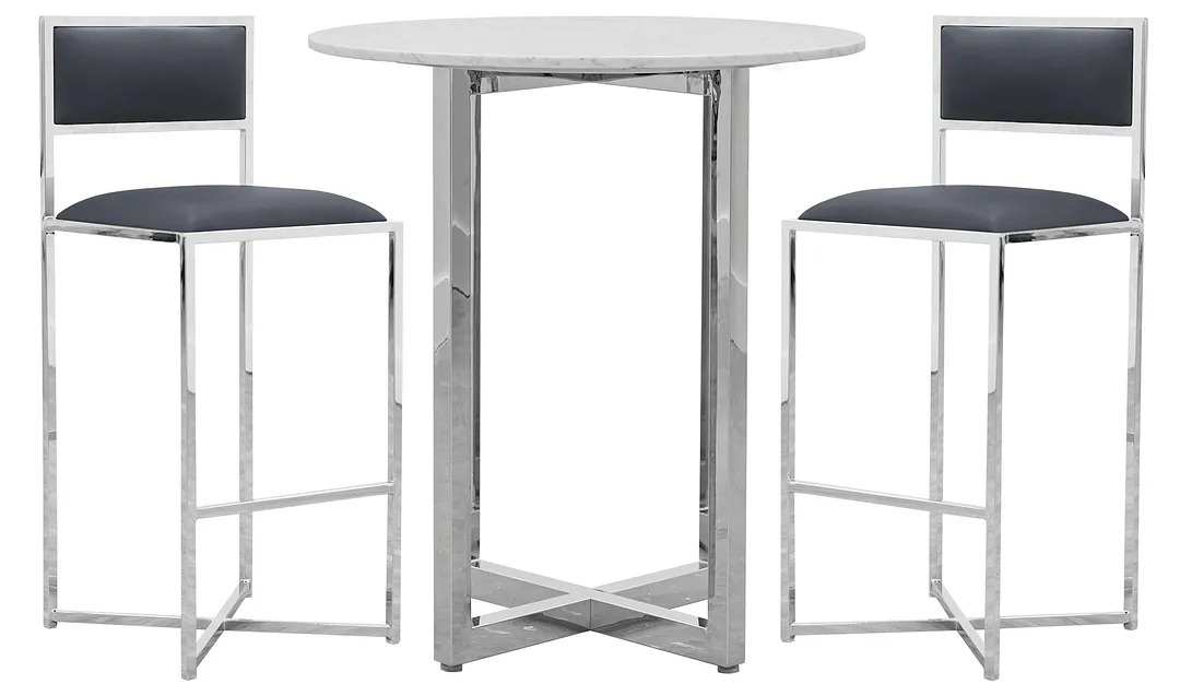 Amalfi Gray Marble Pub Table & 2 Metal Barstools