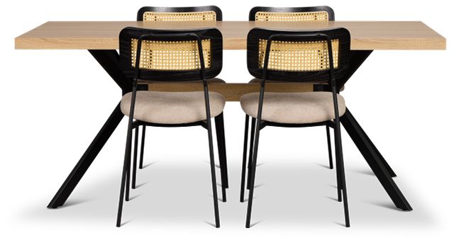 Lynden Light Tone Rect Table & 4 Beige Woven Upholstered Side Chairs