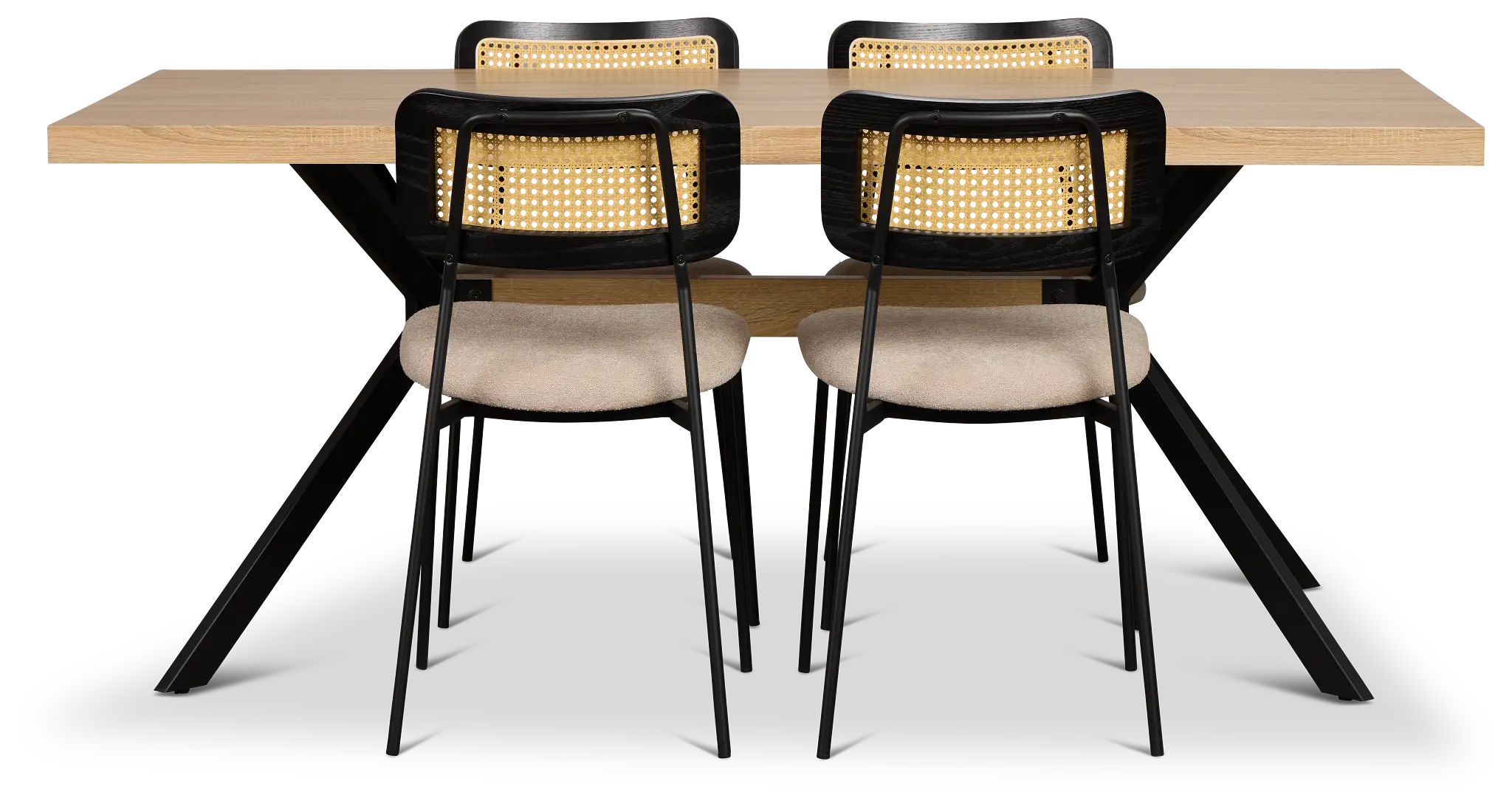 Lynden Light Tone Rect Table & 4 Beige Woven Upholstered Side Chairs Lynden Light Tone Rect Table & 4 Beige Woven Upholstered Side Chairs