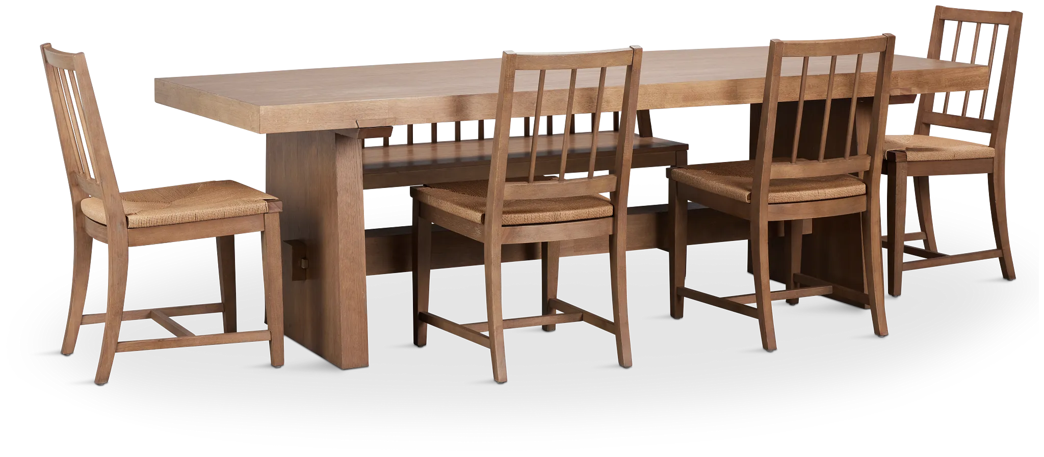 Provo Mid Tone Trestle Table, 4 Woven Chairs & Bench