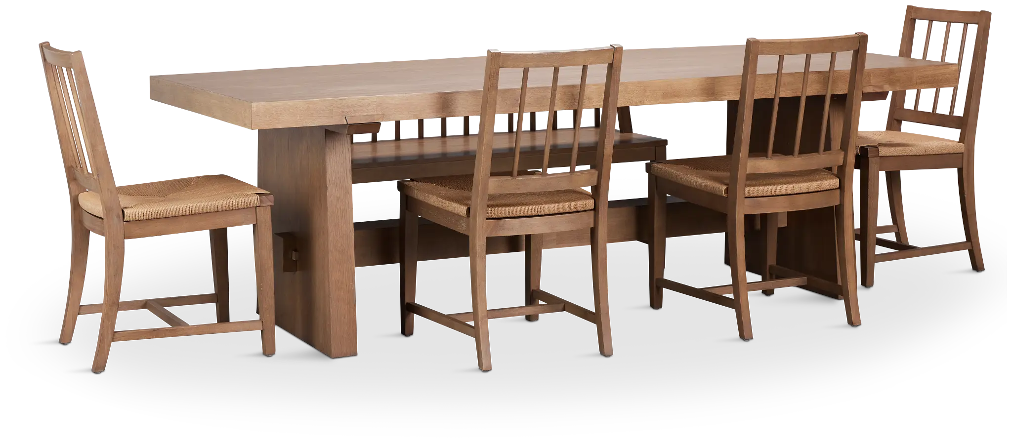 Provo Mid Tone Trestle Table, 4 Woven Chairs & Bench Provo Mid Tone Trestle Table, 4 Woven Chairs & Bench