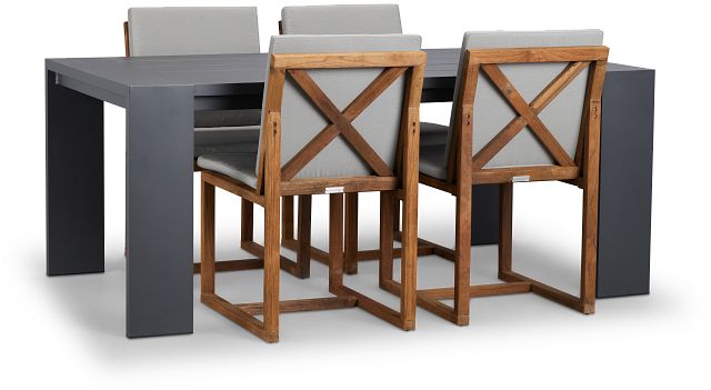 Linear Dark Gray 70" Aluminum Table & 4 Teak Cushioned Side Chairs