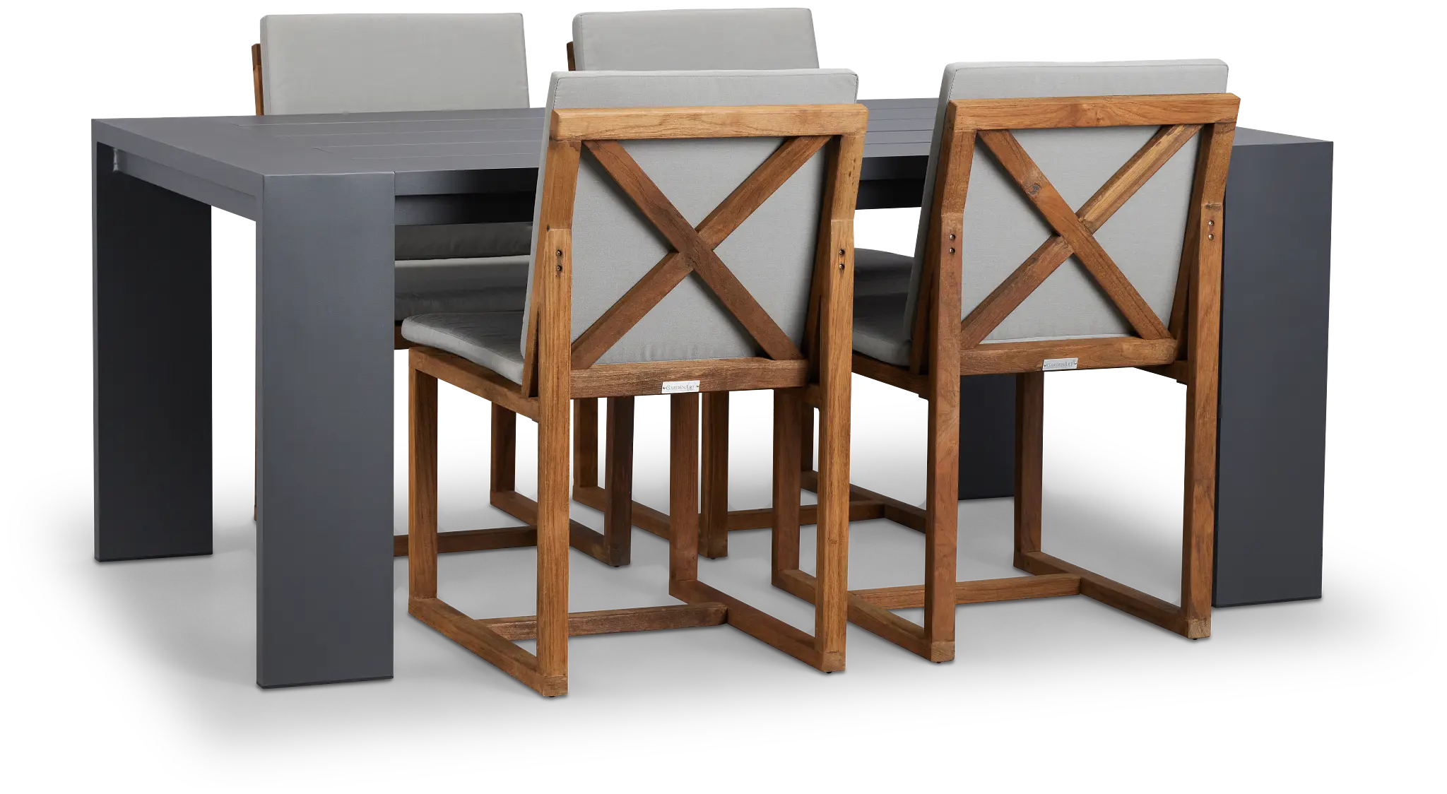 Linear Dark Gray 70" Aluminum Table & 4 Teak Cushioned Side Chairs Linear Dark Gray 70" Aluminum Table & 4 Teak Cushioned Side Chairs