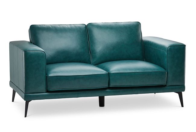Naples Turquoise Leather Loveseat With Metal Legs Living Room Loveseats City Furniture