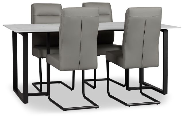 Paxton White Rect Table & 4 Gray Upholstered Chairs