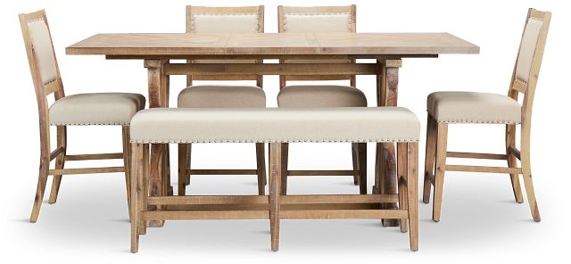 Joplin Light Tone Extension High Table, 4 Barstools & High Bench