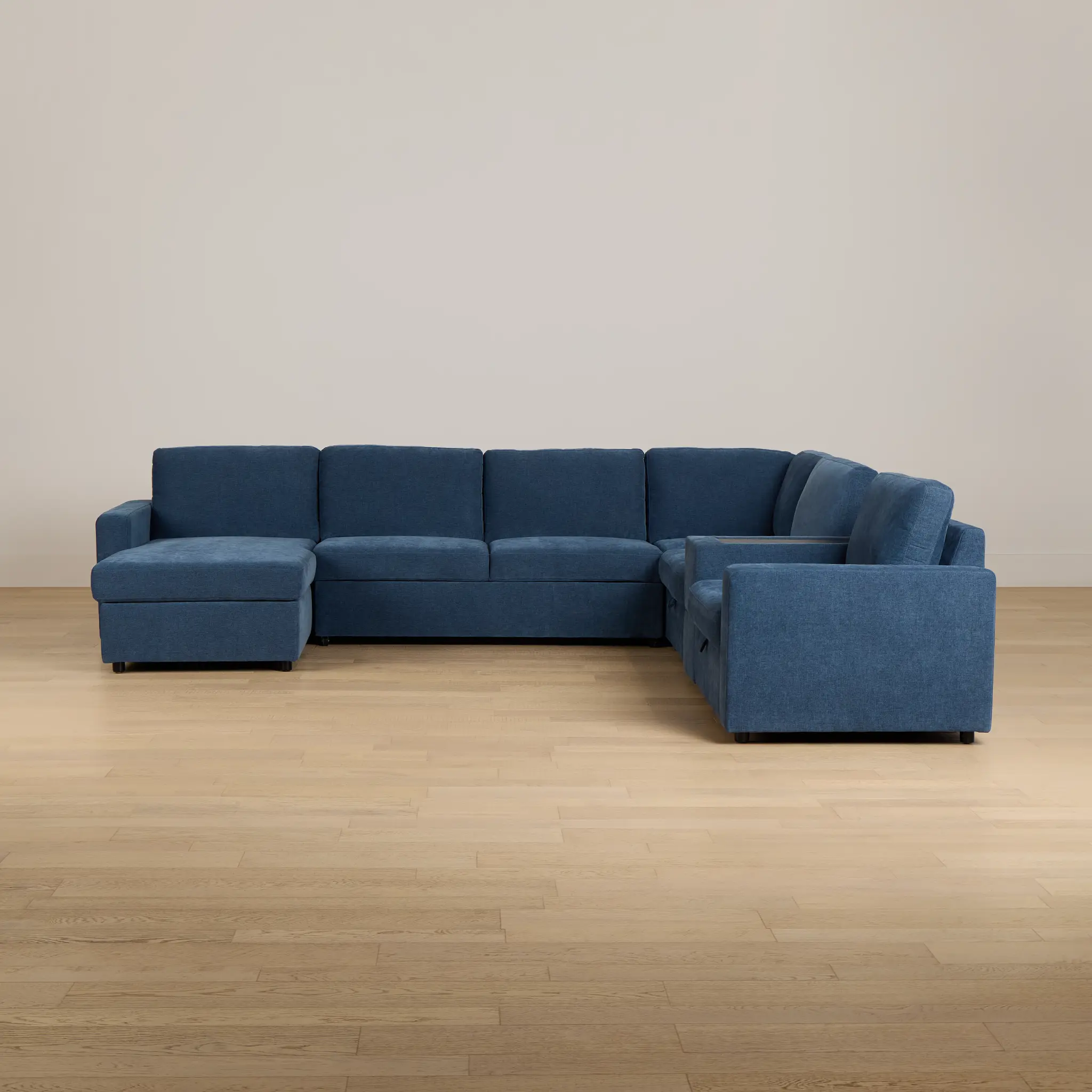 Addie Blue Fabric Medium Left Chaise Sleeper Sectional With Console Addie Blue Fabric Medium Left Chaise Sleeper Sectional With Console