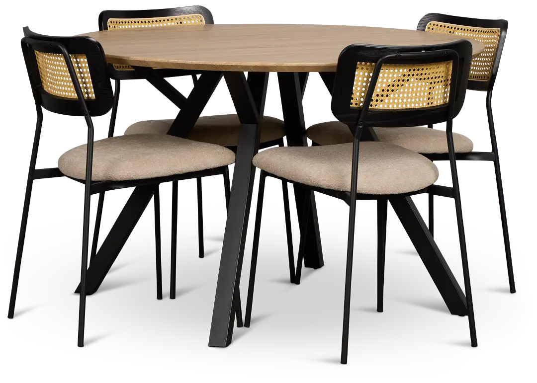 Lynden Light Tone Round Table & 4 Beige Woven Upholstered Side Chairs Lynden Light Tone Round Table & 4 Beige Woven Upholstered Side Chairs