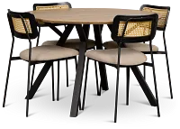 Lynden Light Tone Round Table & 4 Beige Woven Upholstered Side Chairs