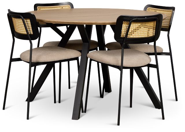 Lynden Light Tone Round Table & 4 Beige Woven Upholstered Side Chairs