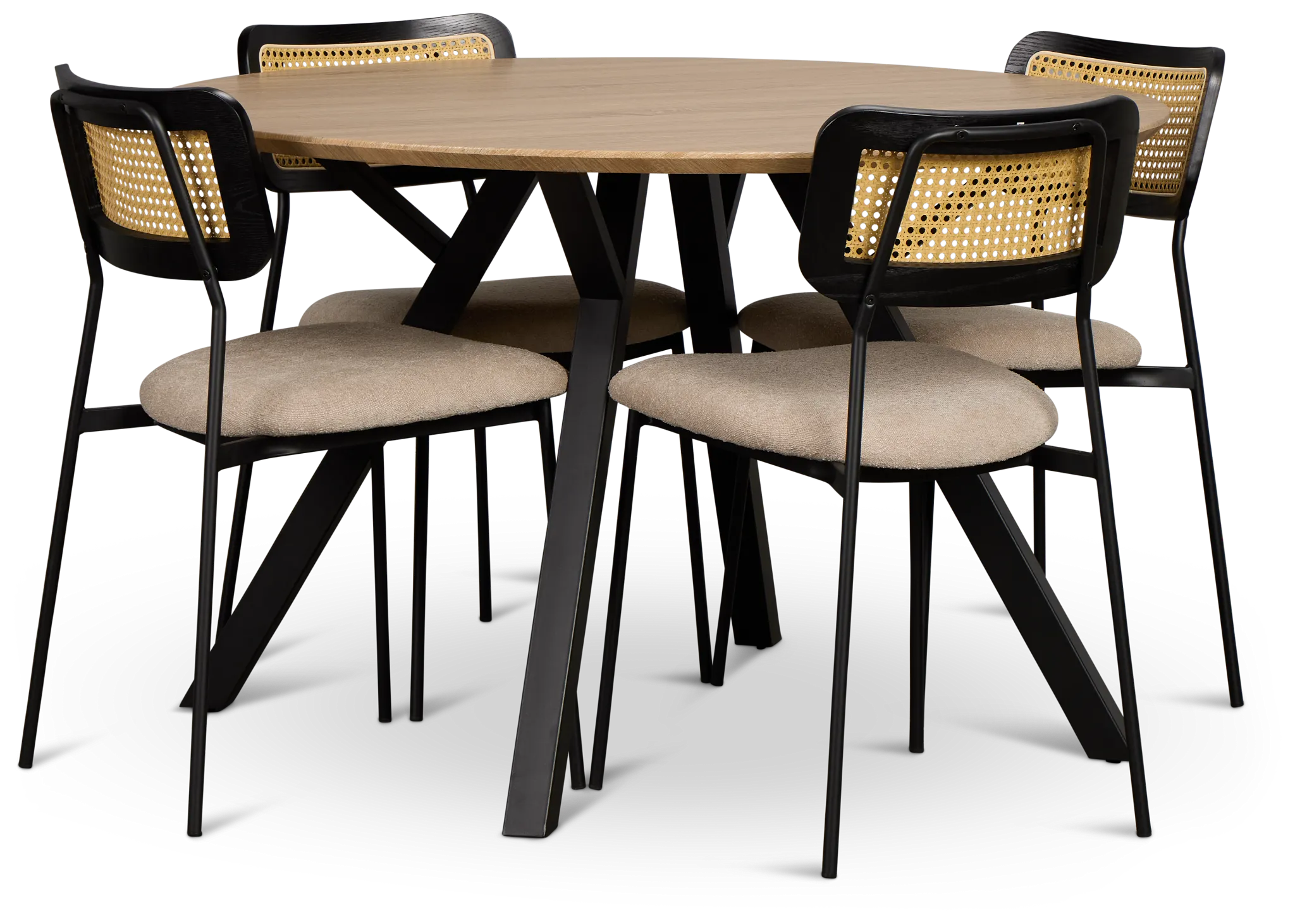 Lynden Light Tone Round Table & 4 Beige Woven Upholstered Side Chairs