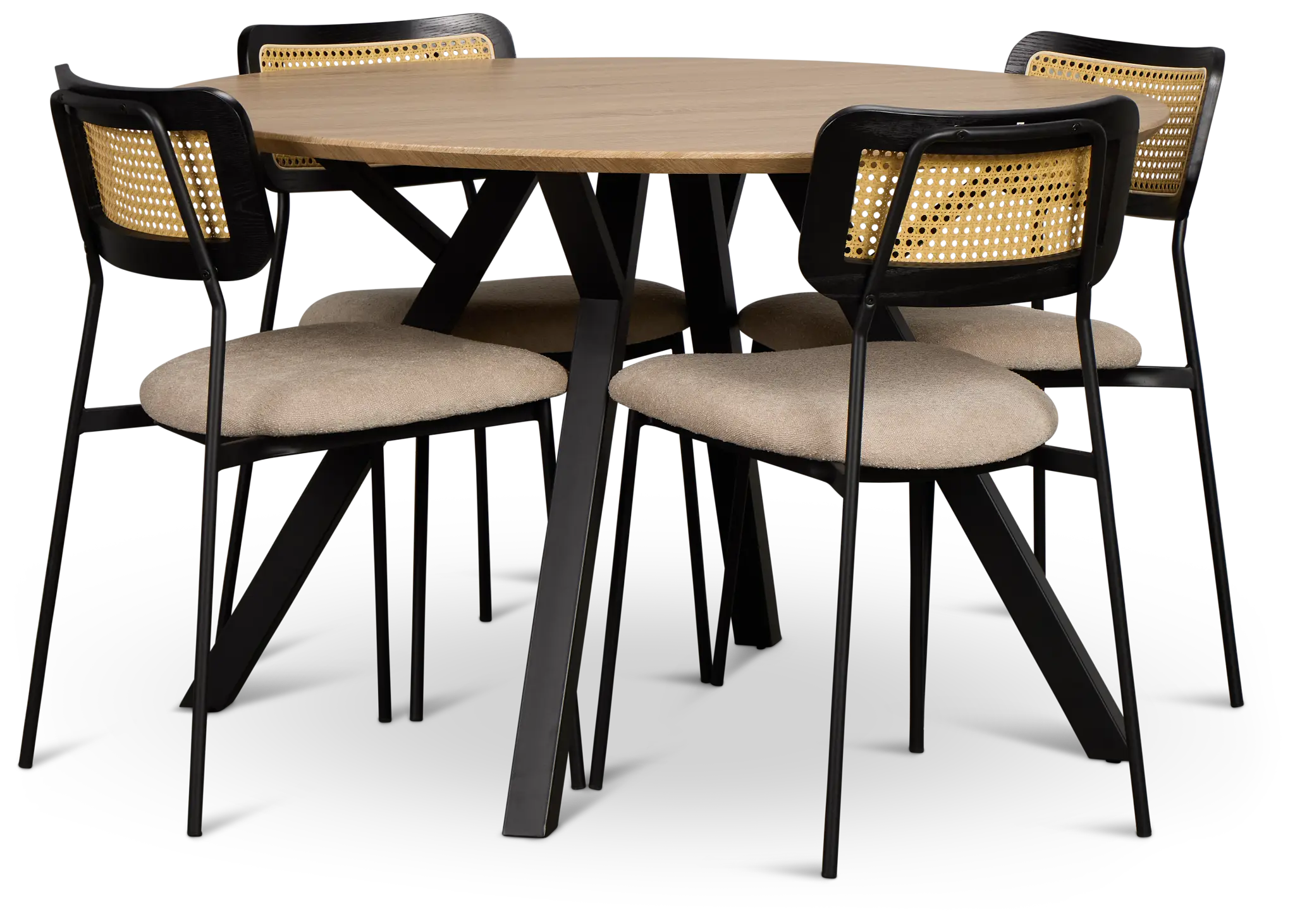 Lynden Light Tone Round Table & 4 Beige Woven Upholstered Side Chairs Lynden Light Tone Round Table & 4 Beige Woven Upholstered Side Chairs
