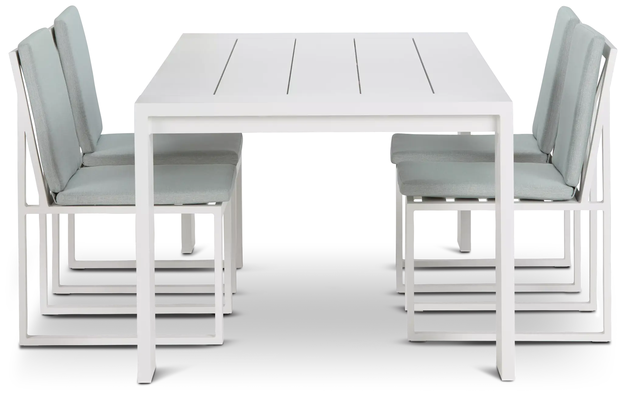 Linear White Teal 87" Aluminum Table & 4 Cushioned Side Chairs Linear White Teal 87" Aluminum Table & 4 Cushioned Side Chairs