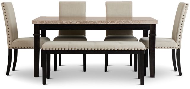 Portia Dark Tone Marble Table, 4 Chairs & Bench (4)