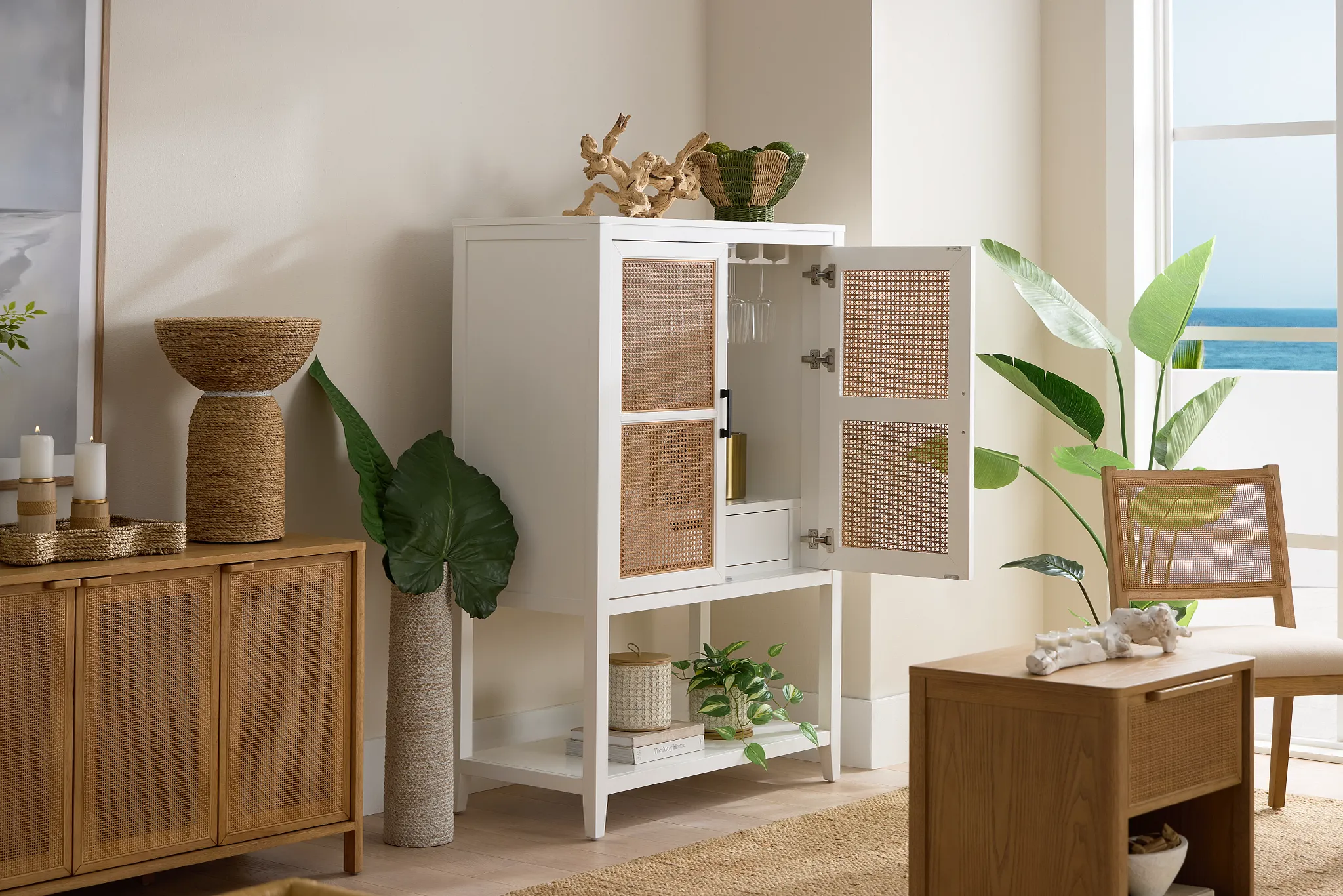 Nantucket Two-tone Woven Bar Cabinet