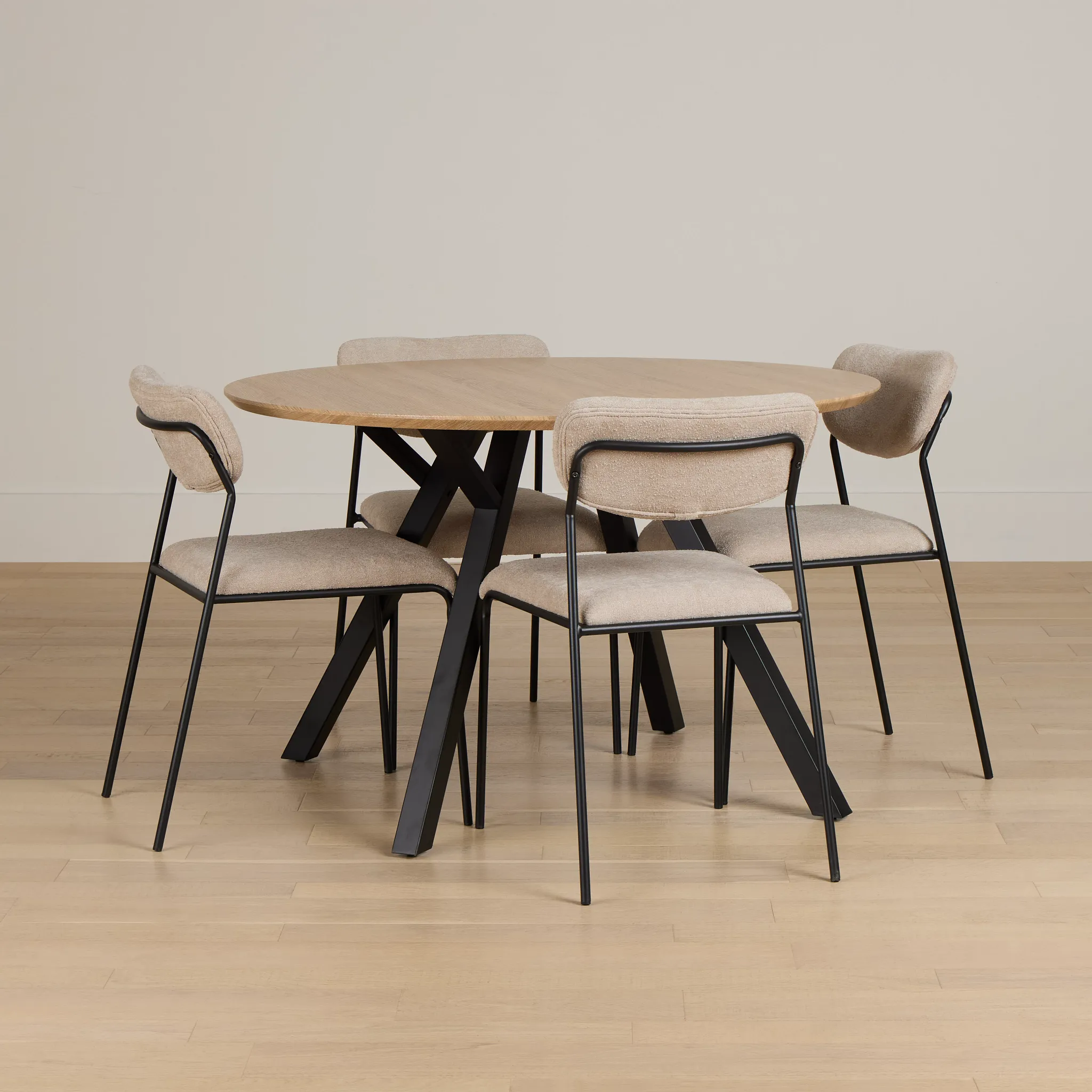 Lynden Light Tone Round Table & 4 Beige Metal Upholstered Side Chairs
