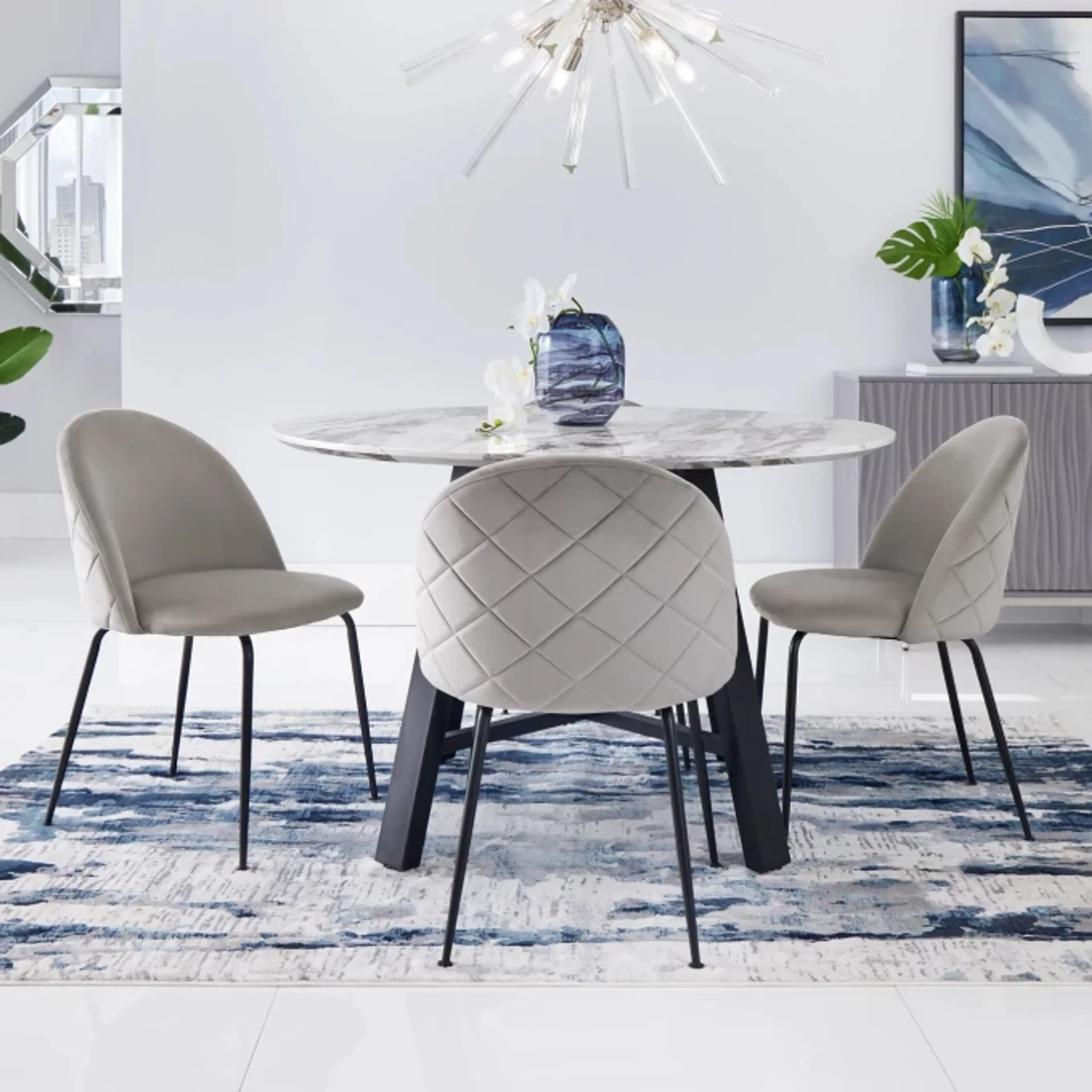 Stainless Steel Gray Round Table & 4 Upholstered Chairs