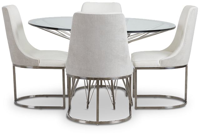Cullen Glass Round Table & 4 White Upholstered Chairs