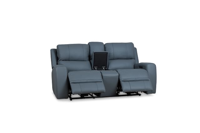 Summit Blue Lthr/vinyl Power Reclining Console Loveseat W/ Power Headrest