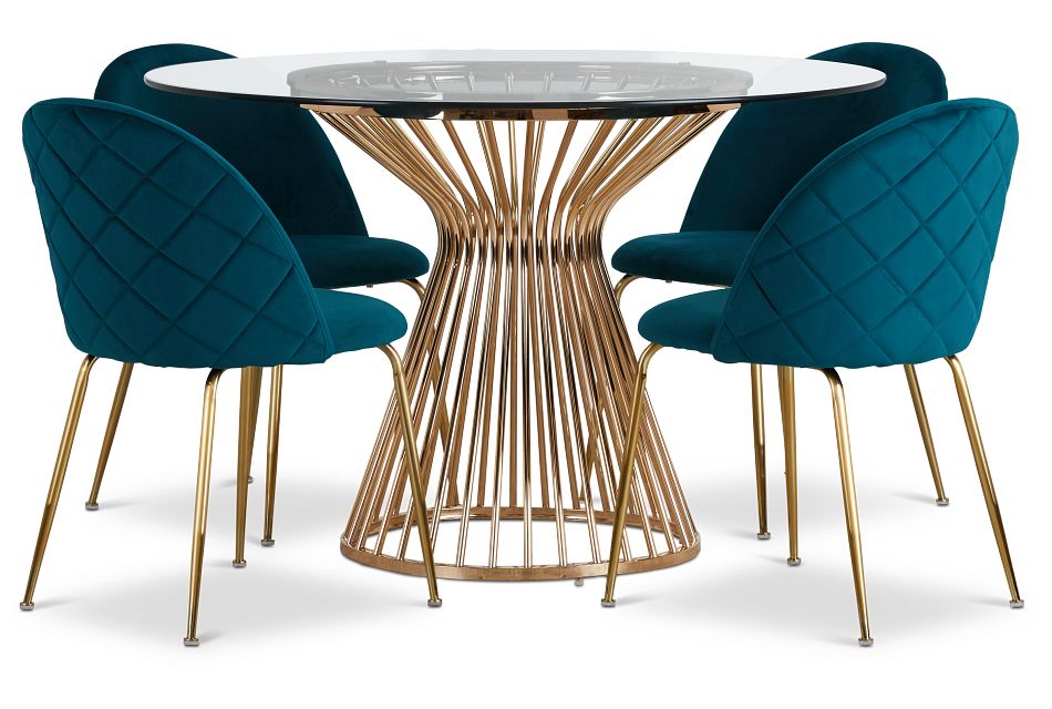 Munich Gold Glass Table & 4 Dark Teal Upholstered Chairs, (2)