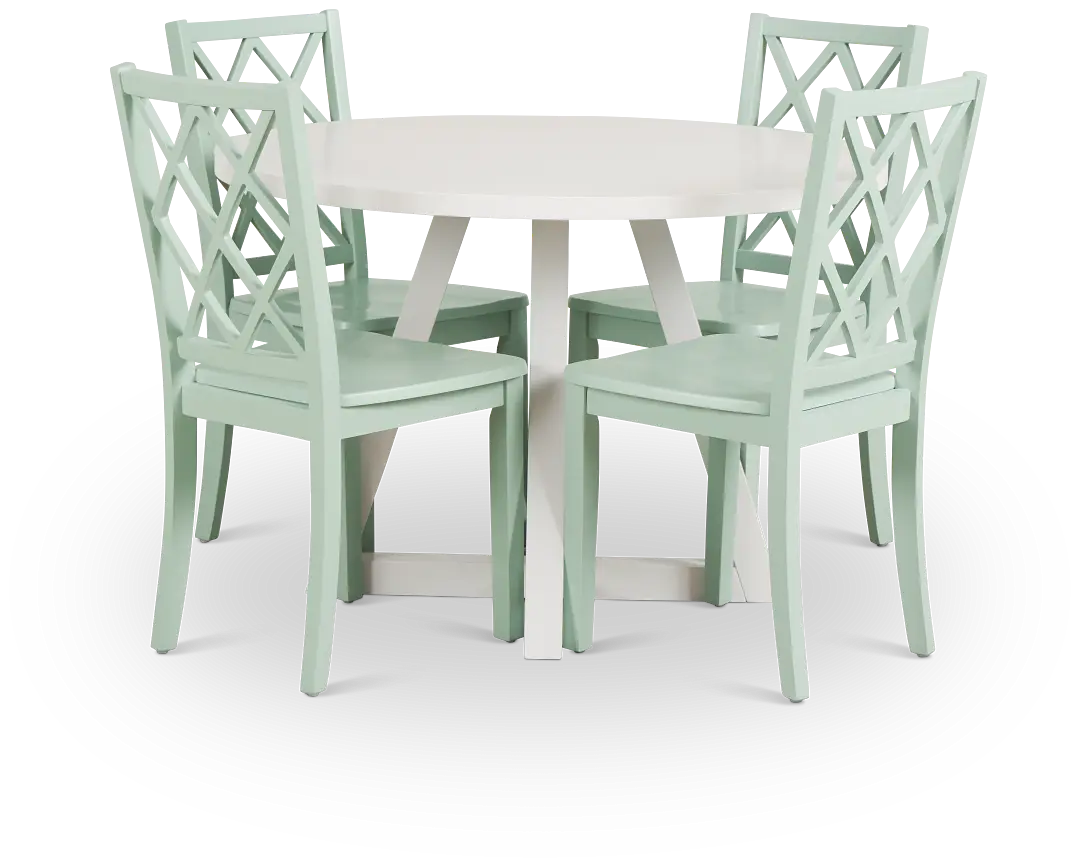 Edgartown White Round Table & 4 Light Blue Wood Chairs Edgartown White Round Table & 4 Light Blue Wood Chairs