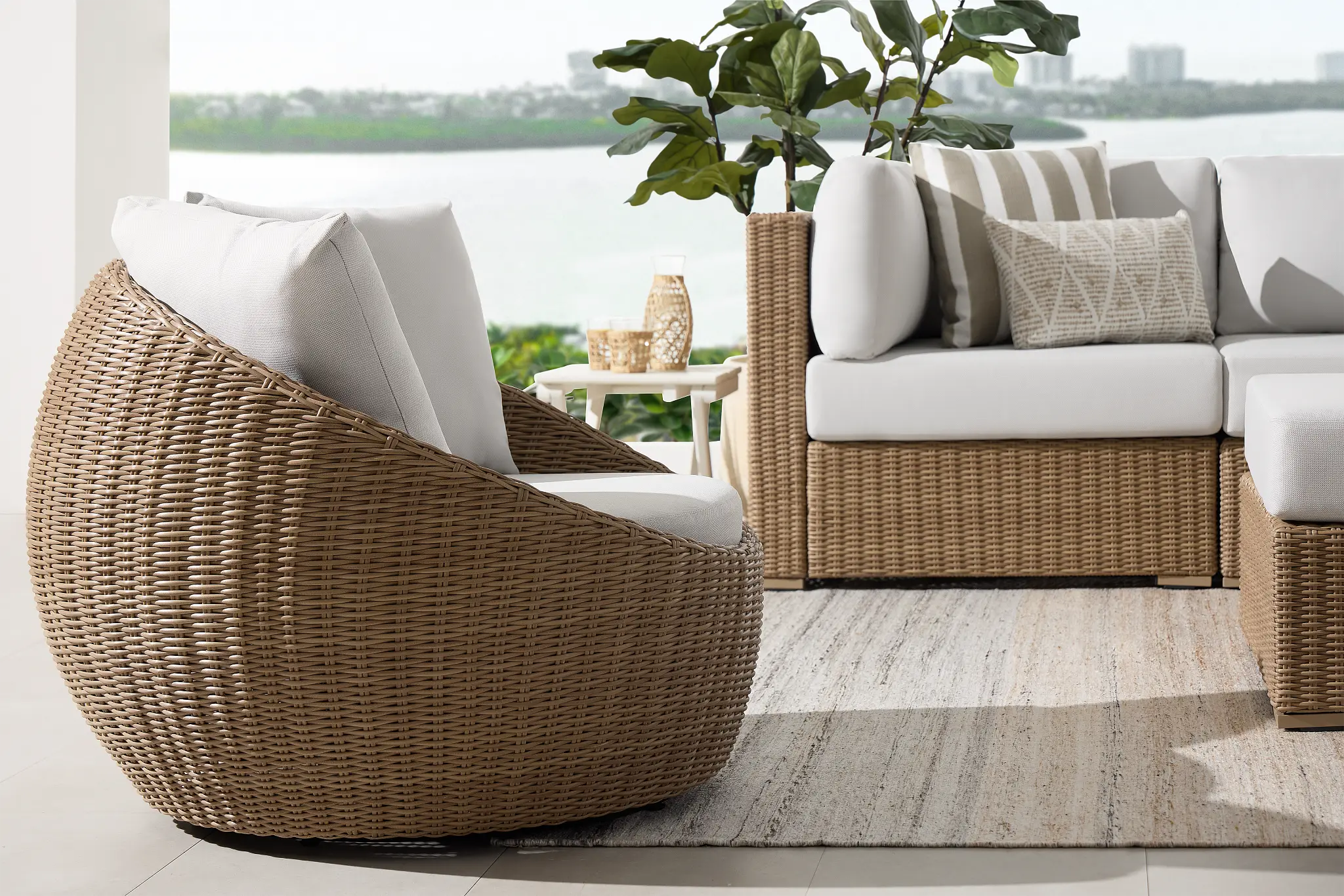 Montecito Light Tone Curved Swivel Chair With Light Beige Cushions Montecito Light Tone Curved Swivel Chair With Light Beige Cushions