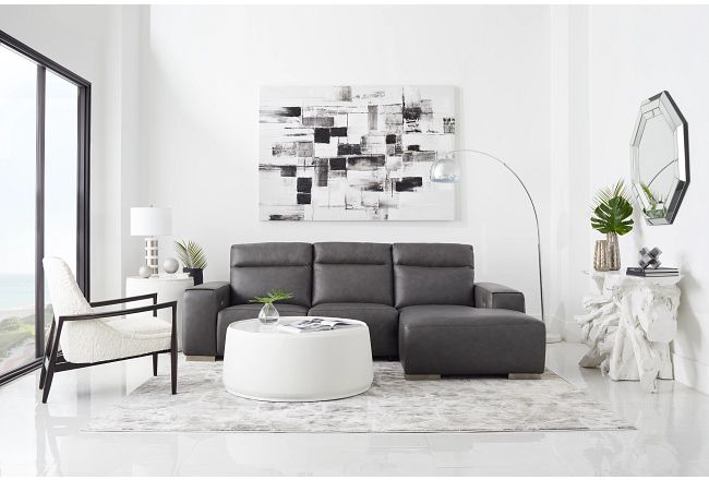 Elba Dark Gray Leather Small Dual Power Right Chaise Sectional
