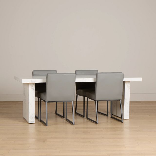 Viscaya White Table & 4 Gray Upholstered Chairs