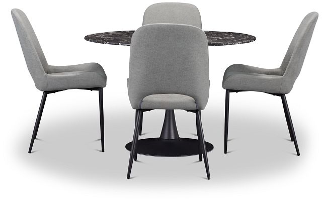 Brela Black Round Table & 4 Gray Upholstered Chairs