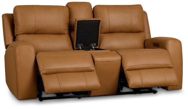 Summit Light Brown Lthr/vinyl Power Reclining Console Loveseat W/ Power Headrest