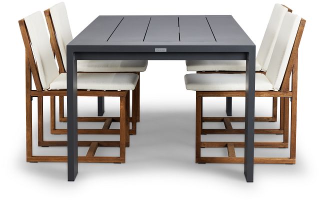 Linear Dark Gray White 87" Aluminum Table & 4 Teak Cushioned Side Chairs