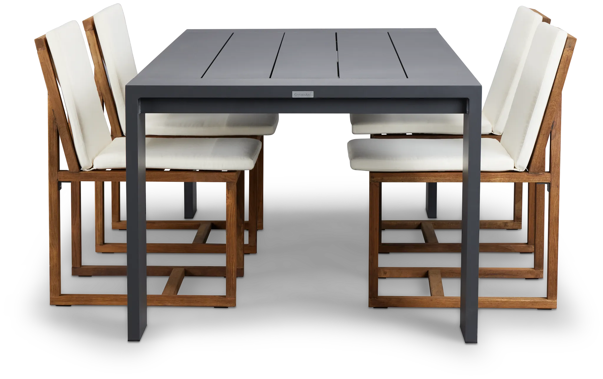 Linear Dark Gray White 87" Aluminum Table & 4 Teak Cushioned Side Chairs