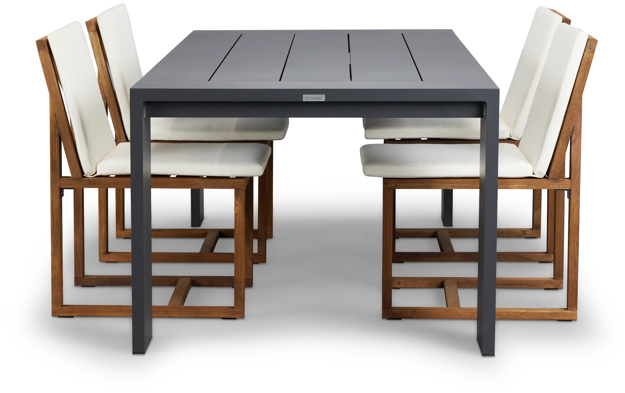 Linear Dark Gray White 87" Aluminum Table & 4 Teak Cushioned Side Chairs Linear Dark Gray White 87" Aluminum Table & 4 Teak Cushioned Side Chairs