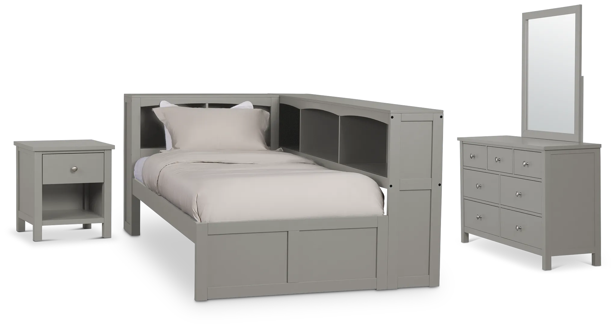 Charleston Gray Corner Bookcase Bedroom