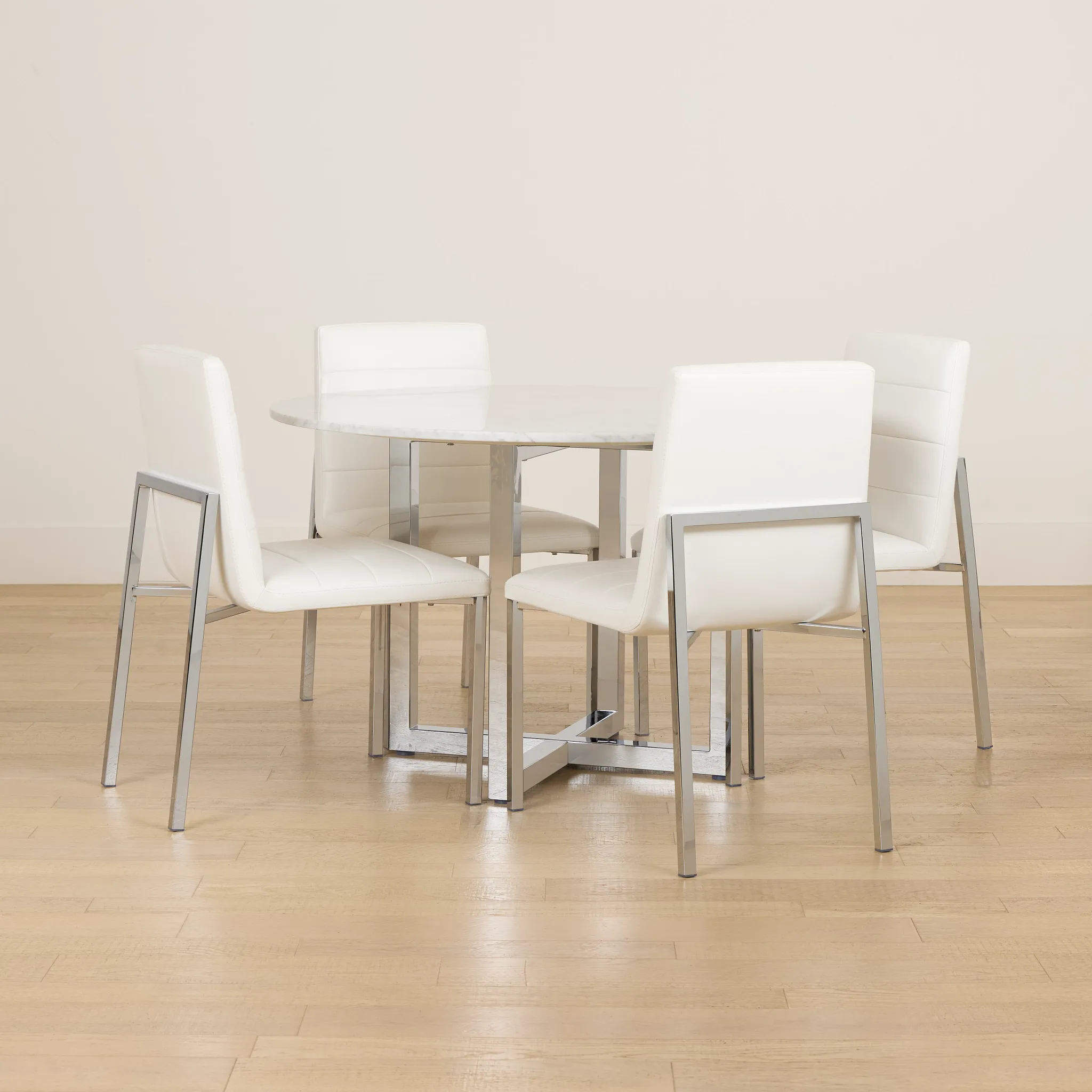 Amalfi White Marble Round Table & 4 Upholstered Chairs