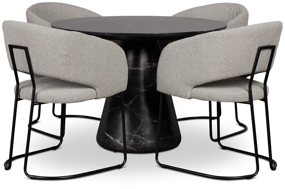 Merrick Black Round Table With 4 Gray Upholstered Side Chairs