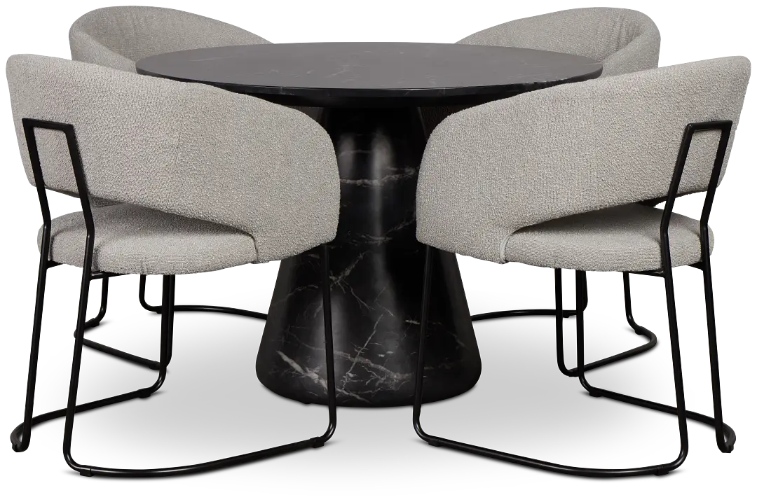 Merrick Black Round Table With 4 Gray Upholstered Side Chairs Merrick Black Round Table With 4 Gray Upholstered Side Chairs