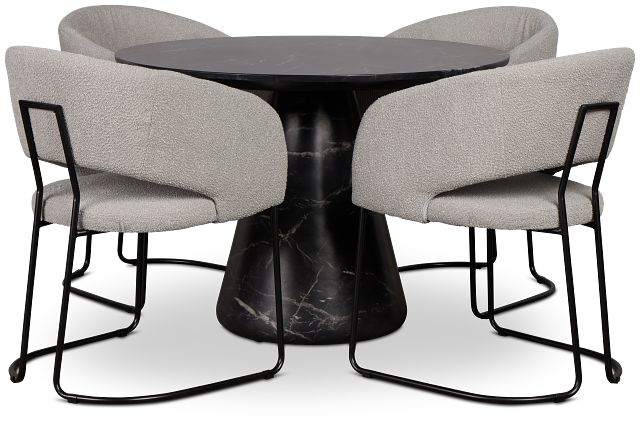Merrick Black Round Table With 4 Gray Upholstered Side Chairs