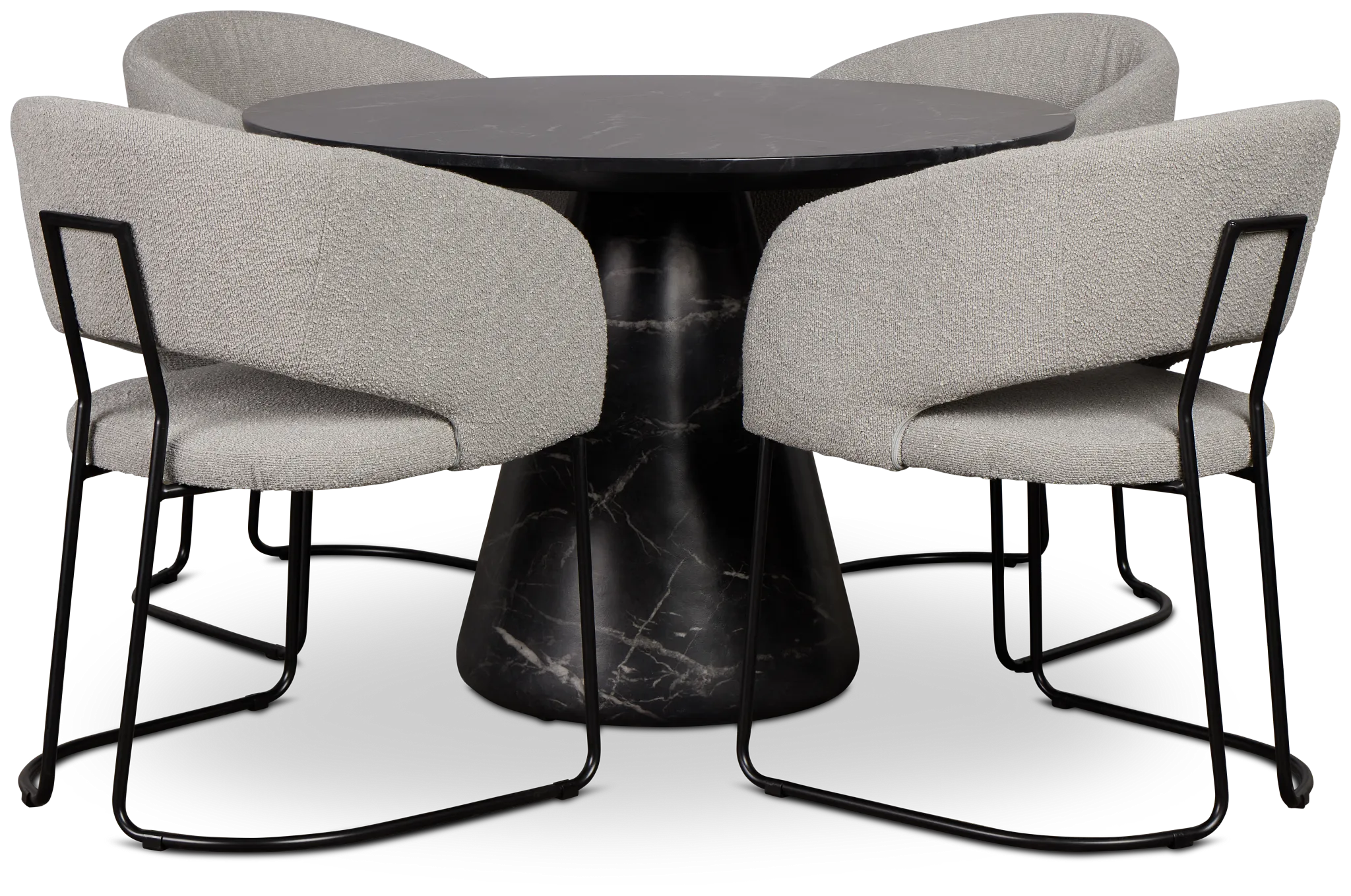 Merrick Black Round Table With 4 Gray Upholstered Side Chairs