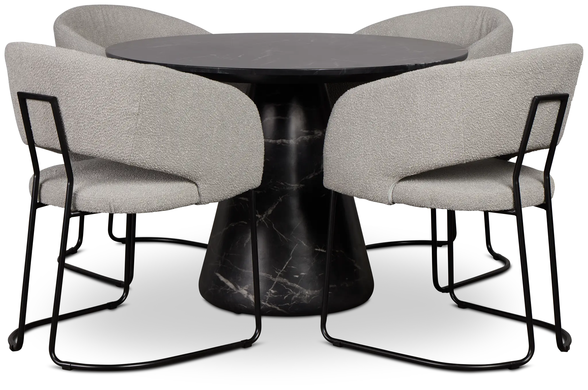Merrick Black Round Table With 4 Gray Upholstered Side Chairs Merrick Black Round Table With 4 Gray Upholstered Side Chairs
