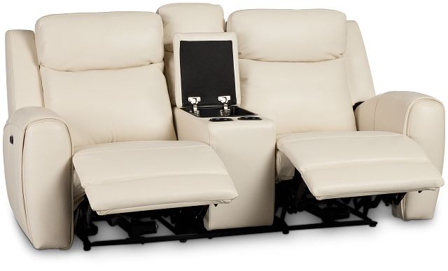 Walker Ivory Lthr/vinyl Power Reclining Console Loveseat W/ Power Headrest
