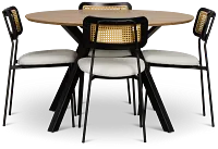 Lynden Light Tone Round Table & 4 White Woven Upholstered Side Chairs